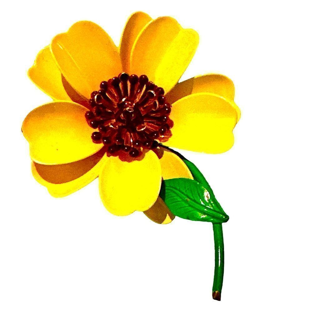 Mid century yellow brown green enamel floral large pin